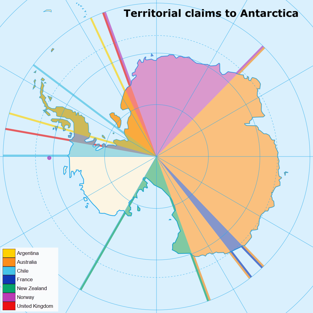 Mapa de las reclamaciones territoriales en la Antártida.