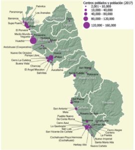 Mapa de los centros poblados y población en el departamento de Lima.