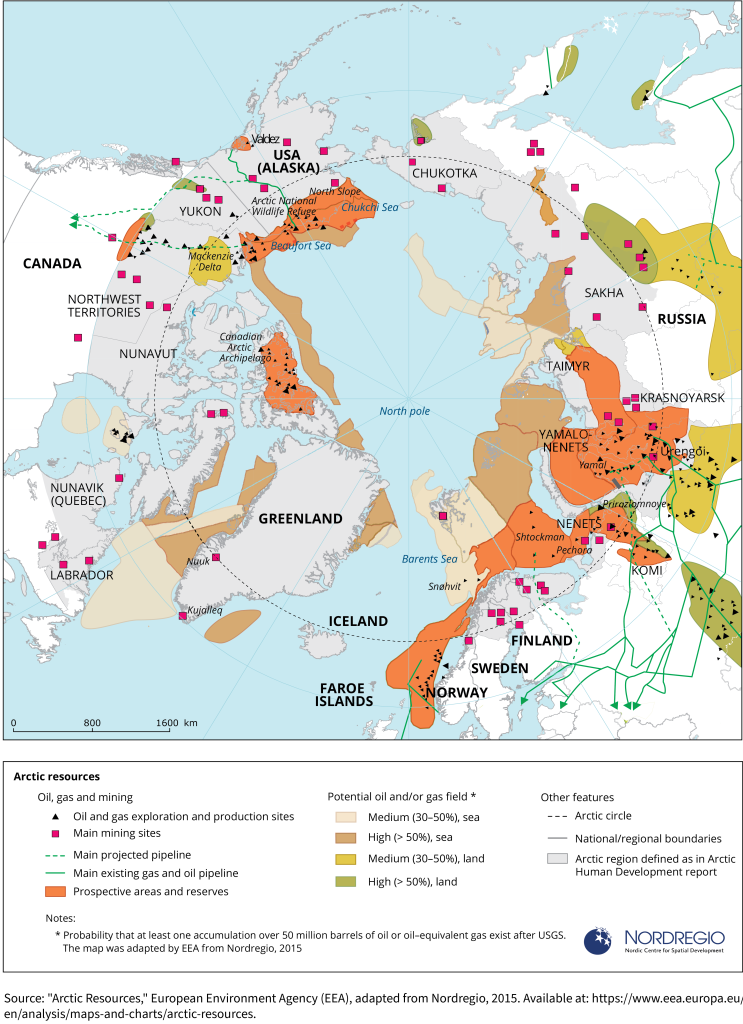 Mapa de los recursos minerales y energéticos en el Ártico.