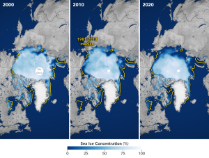 Imágenes capturadas en 2000, 2010 y 2020 muestran la continua degradación de las zonas congeladas del Ártico.