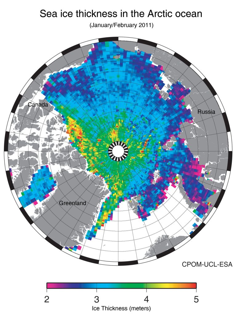 Mapa del espesor del hielo sobre el Ártico en enero/febrero de 2011.