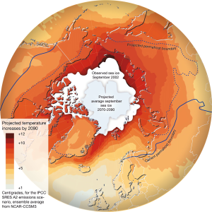 Aumento de temperatura proyectado en el Ártico para 2090