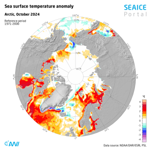 Mapa de la anomalía de la temperatura superficial del mar en el Ártico.