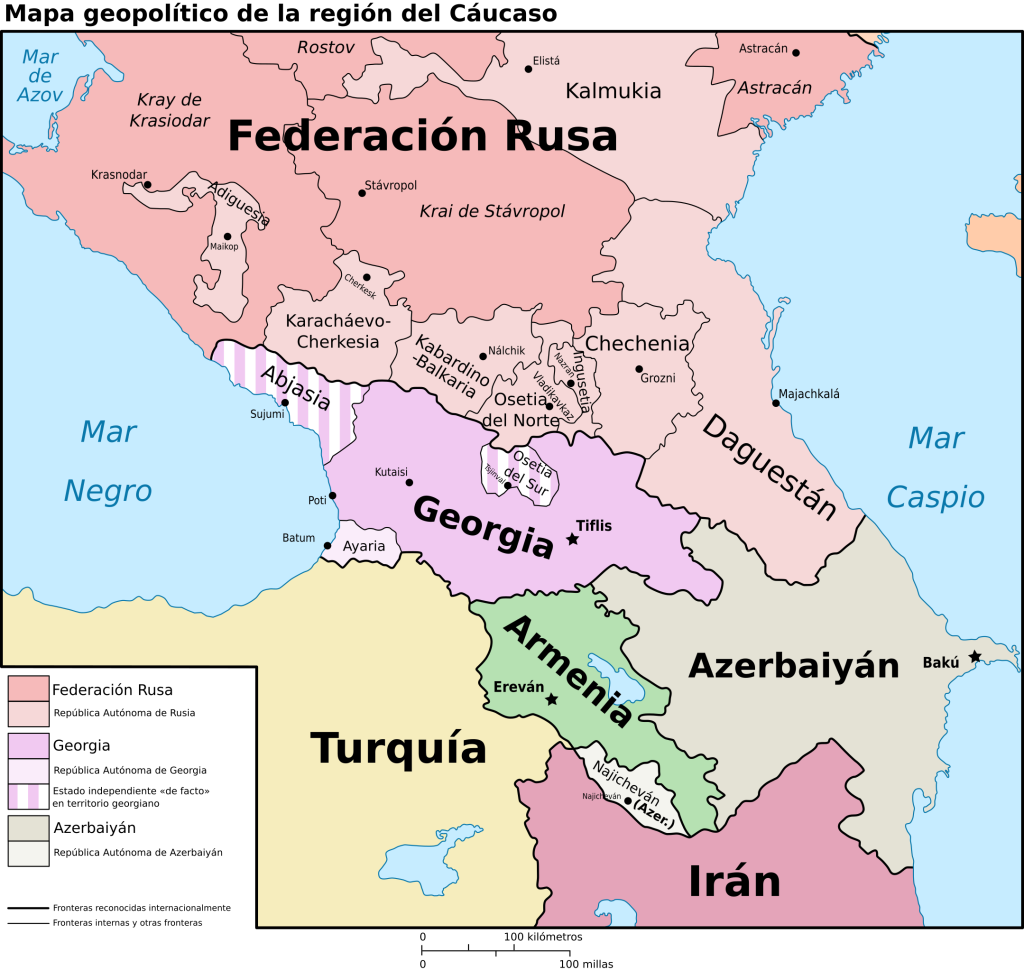 Mapa de los países y territorios del Cáucaso.