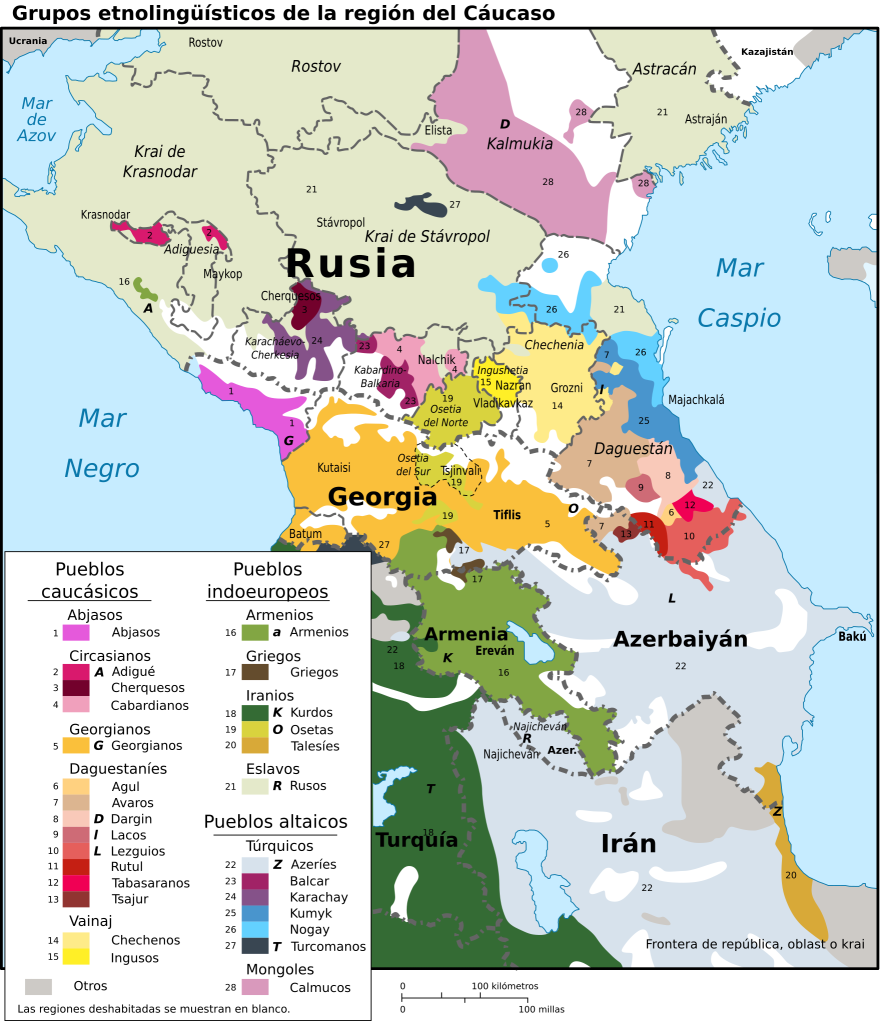 Mapa de los grupos etnolingüísticos del Cáucaso.