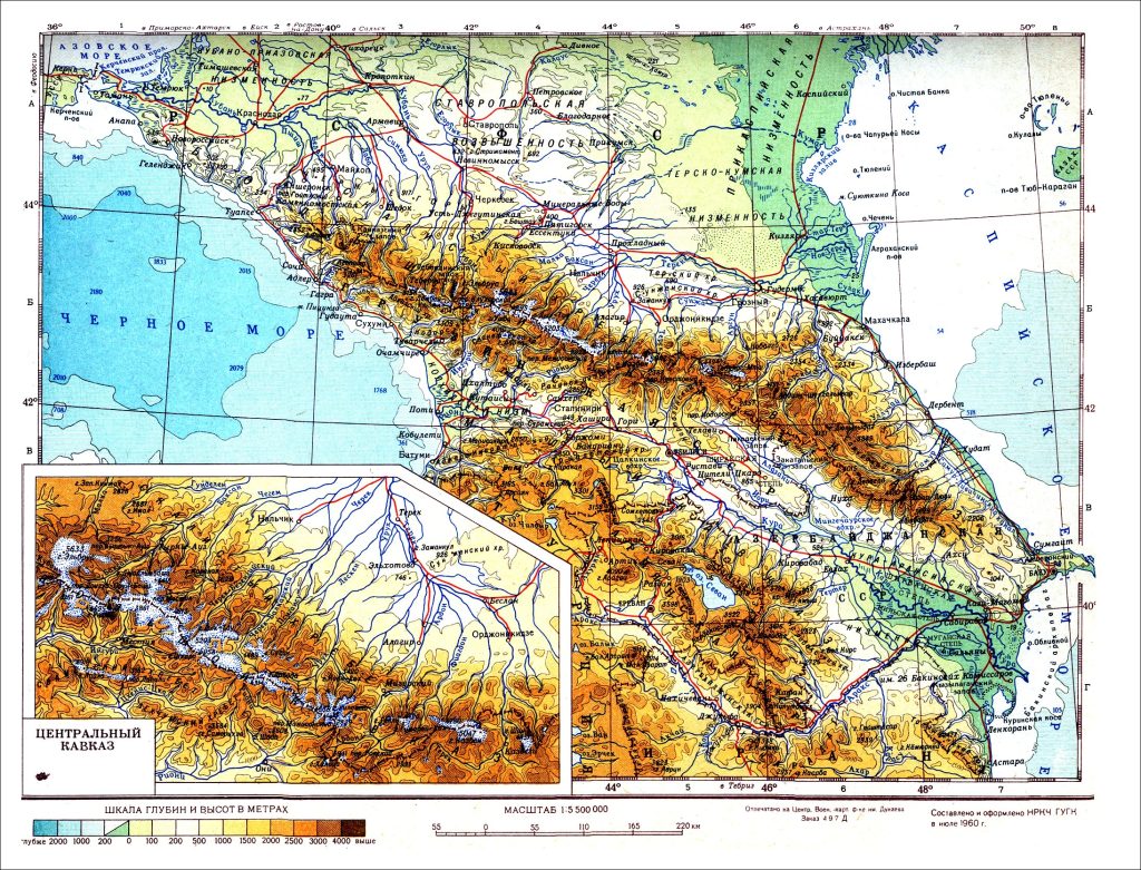 Mapa físico del Cáucaso.