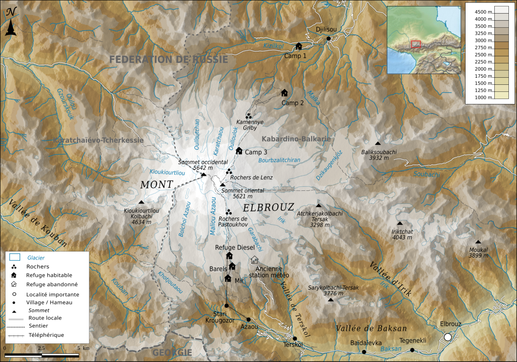 Mapa topográfico del monte Elbrús.