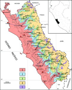 Mapa de los pisos bioclimáticos del Departamento de Lima.