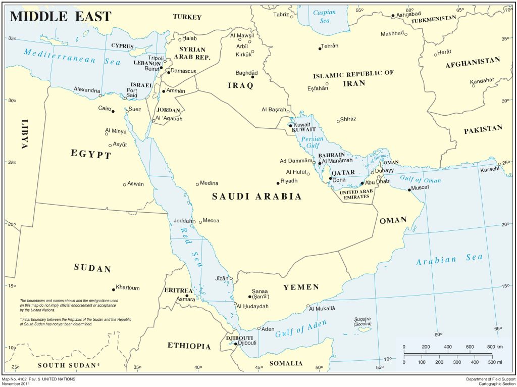 Mapa de las principales ciudades de Oriente Medio.
